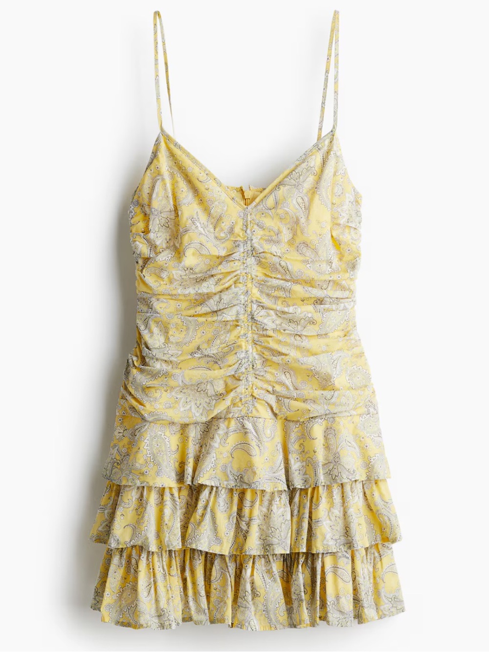 H&M Tiered-Skirt Strappy Dress in Light yellow/paisley-patterened
